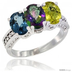 14K White Gold Natural London Blue Topaz, Mystic Topaz & Lemon Quartz Ring 3-Stone 7x5 mm Oval Diamond Accent