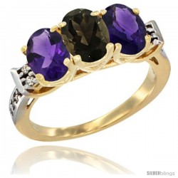 10K Yellow Gold Natural Smoky Topaz & Amethyst Sides Ring 3-Stone Oval 7x5 mm Diamond Accent