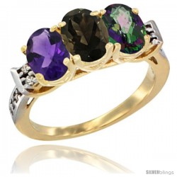 10K Yellow Gold Natural Amethyst, Smoky Topaz & Mystic Topaz Ring 3-Stone Oval 7x5 mm Diamond Accent