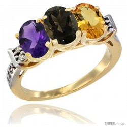 10K Yellow Gold Natural Amethyst, Smoky Topaz & Citrine Ring 3-Stone Oval 7x5 mm Diamond Accent