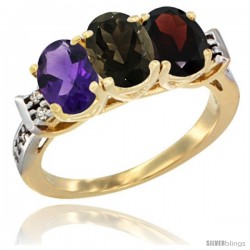 10K Yellow Gold Natural Amethyst, Smoky Topaz & Garnet Ring 3-Stone Oval 7x5 mm Diamond Accent