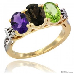 10K Yellow Gold Natural Amethyst, Smoky Topaz & Peridot Ring 3-Stone Oval 7x5 mm Diamond Accent