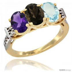 10K Yellow Gold Natural Amethyst, Smoky Topaz & Aquamarine Ring 3-Stone Oval 7x5 mm Diamond Accent