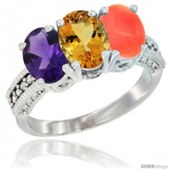 10K White Gold Natural Amethyst, Citrine & Coral Ring 3-Stone Oval 7x5 mm Diamond Accent