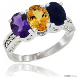 10K White Gold Natural Amethyst, Citrine & Lapis Ring 3-Stone Oval 7x5 mm Diamond Accent