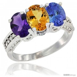 10K White Gold Natural Amethyst, Citrine & Tanzanite Ring 3-Stone Oval 7x5 mm Diamond Accent