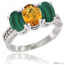 10K White Gold Natural Whisky Quartz & Malachite Sides Ring 3-Stone Oval 7x5 mm Diamond Accent