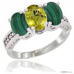 10K White Gold Natural Lemon Quartz & Malachite Sides Ring 3-Stone Oval 7x5 mm Diamond Accent