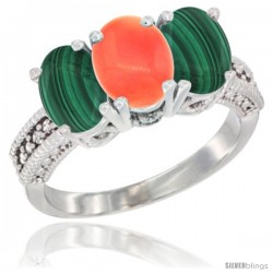 10K White Gold Natural Coral & Malachite Sides Ring 3-Stone Oval 7x5 mm Diamond Accent