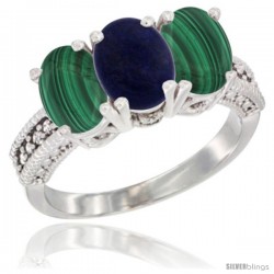 10K White Gold Natural Lapis & Malachite Sides Ring 3-Stone Oval 7x5 mm Diamond Accent