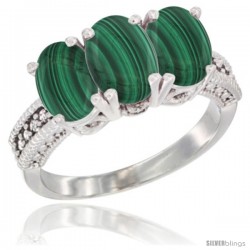 10K White Gold Natural Malachite Ring 3-Stone Oval 7x5 mm Diamond Accent