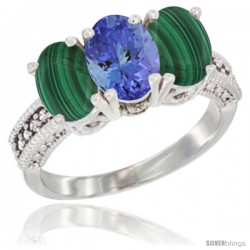 10K White Gold Natural Tanzanite & Malachite Sides Ring 3-Stone Oval 7x5 mm Diamond Accent