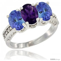 10K White Gold Natural Amethyst & Tanzanite Sides Ring 3-Stone Oval 7x5 mm Diamond Accent