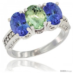 10K White Gold Natural Green Amethyst & Tanzanite Sides Ring 3-Stone Oval 7x5 mm Diamond Accent