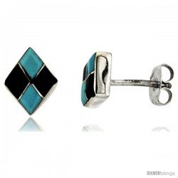 Sterling Silver Handcrafted Blue Turquoise Diamond-shaped Stud Earrings (Genuine Zuni Tribe American Indian Jew -Style Je45