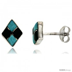 Sterling Silver Handcrafted Blue Turquoise Diamond-shaped Stud Earrings (Genuine Zuni Tribe American Indian Jew -Style Je46