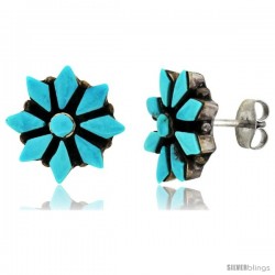 Sterling Silver Handcrafted Blue Turquoise Flower Stud Earrings (Genuine Zuni Tribe American Indian Jewelry) 1/2 in. (13 mm)