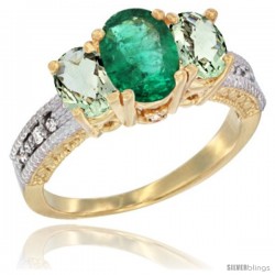 10K Yellow Gold Ladies Oval Natural Emerald 3-Stone Ring with Green Amethyst Sides Diamond Accent