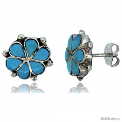 Sterling Silver Handcrafted Blue Turquoise Flower Stud Earrings (Genuine Zuni Tribe American Indian Jewelry) 7/16 in. (11 mm)