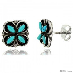 Sterling Silver Handcrafted Blue Turquoise Flower Stud Earrings (Genuine Zuni Tribe American Indian Jewelry) 3/8 in. (10 mm)