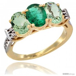 10K Yellow Gold Natural Emerald & Green Amethyst Sides Ring 3-Stone Oval 7x5 mm Diamond Accent