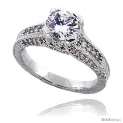 Sterling Silver Vintage Style Engagement ring, w/ a 7mm (1.25 ct) Round CZ Stone, 5/16" (7 mm) wide