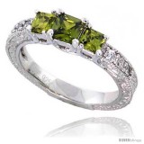 Sterling Silver Vintage Style Engagement ring, w/ two 4mm (.3 ct) & one 5mm (.63 ct) Princess Cut Peridot-colored CZ Stones
