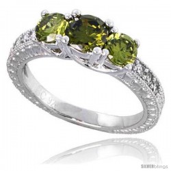 Sterling Silver Vintage Style Engagement ring, w/ two 4mm (.25 ct) & one 5mm (.5 ct) Round Peridot-colored CZ Stones, 3/16"