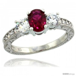 Sterling Silver 3-Stone Vintage Style Engagement Ring w/ Oval Cut (7x5 mm) Ruby Red Color & Brilliant Cut CZ Stones, 1/4 in