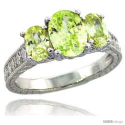 Sterling Silver 3-Stone Vintage Style Engagement Ring w/ (1) 9x7 & (2) 6x4 Oval Cut Lime Topaz Color CZ Stones, 5/16 in. (8 mm)