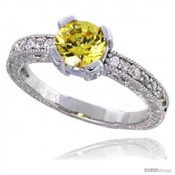 Sterling Silver Vintage Style Engagement ring, w/ a 6mm (.75 ct) Round Yellow Topaz-colored CZ Stones, 1/4" (7 mm) wide