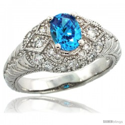 Sterling Silver Vintage Style Engagement Ring w/ 7x5mm Oval Cut Blue Topaz Color & Brilliant Cut CZ Stones, 3/8 in. (10 mm) wide