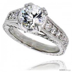 Sterling Silver Vintage Style Engagement ring, w/ an 8mm (2.0 ct) Round CZ Stone, 3/8" (9 mm) wide