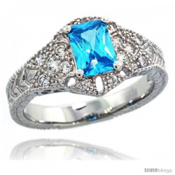 Sterling Silver Vintage Style Engagement Ring w/ 7x5mm Emerald Cut Blue Topaz Color & Brilliant Cut CZ Stones, 7/16 in. (11 mm)