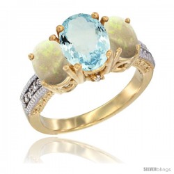 10K Yellow Gold Ladies 3-Stone Oval Natural Aquamarine Ring with Opal Sides Diamond Accent