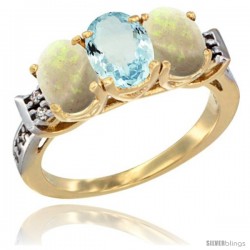 10K Yellow Gold Natural Aquamarine & Opal Sides Ring 3-Stone Oval 7x5 mm Diamond Accent