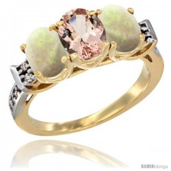 10K Yellow Gold Natural Morganite & Opal Sides Ring 3-Stone Oval 7x5 mm Diamond Accent