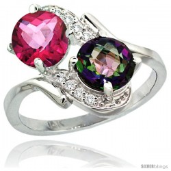 14k White Gold ( 7 mm ) Double Stone Engagement Pink & Mystic Topaz Ring w/ 0.05 Carat Brilliant Cut Diamonds & 2.34 Carats