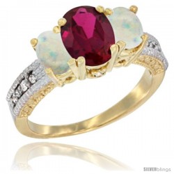 10K Yellow Gold Ladies Oval Natural Ruby 3-Stone Ring with Opal Sides Diamond Accent