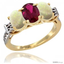 10K Yellow Gold Natural Ruby & Opal Sides Ring 3-Stone Oval 7x5 mm Diamond Accent