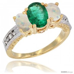 10K Yellow Gold Ladies Oval Natural Emerald 3-Stone Ring with Opal Sides Diamond Accent