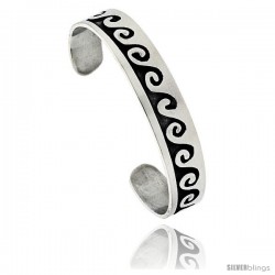 Sterling Silver High Polished Wave Pattern Cuff Bangle Bracelet, 1/2 in wide,.