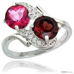 14k White Gold ( 7 mm ) Double Stone Engagement Pink Topaz & Garnet Ring w/ 0.05 Carat Brilliant Cut Diamonds & 2.34 Carats