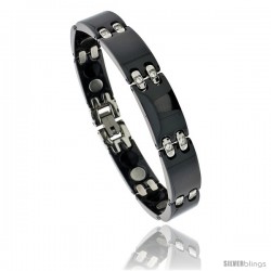 Ceramic Black Magnetic Therapy Bar Bracelet Cubic Zirconia Stones, 1/2 in wide