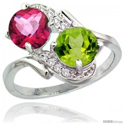 14k White Gold ( 7 mm ) Double Stone Engagement Pink Topaz & Peridot Ring w/ 0.05 Carat Brilliant Cut Diamonds & 2.34 Carats