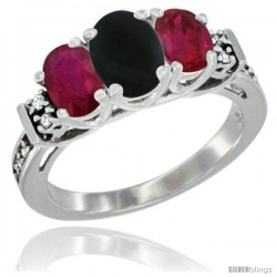 14K White Gold Natural Black Onyx & Ruby Ring 3-Stone Oval with Diamond Accent