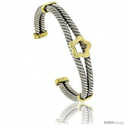 Sterling Silver & Brass Two Tone Double Cable Cuff Bangle Bracelet with Flower Center 1/2 in wide