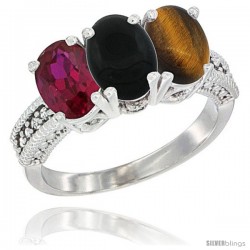 14K White Gold Natural Ruby, Black Onyx & Tiger Eye Ring 3-Stone Oval 7x5 mm Diamond Accent