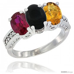 14K White Gold Natural Ruby, Black Onyx & Whisky Quartz Ring 3-Stone Oval 7x5 mm Diamond Accent