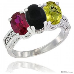 14K White Gold Natural Ruby, Black Onyx & Lemon Quartz Ring 3-Stone Oval 7x5 mm Diamond Accent